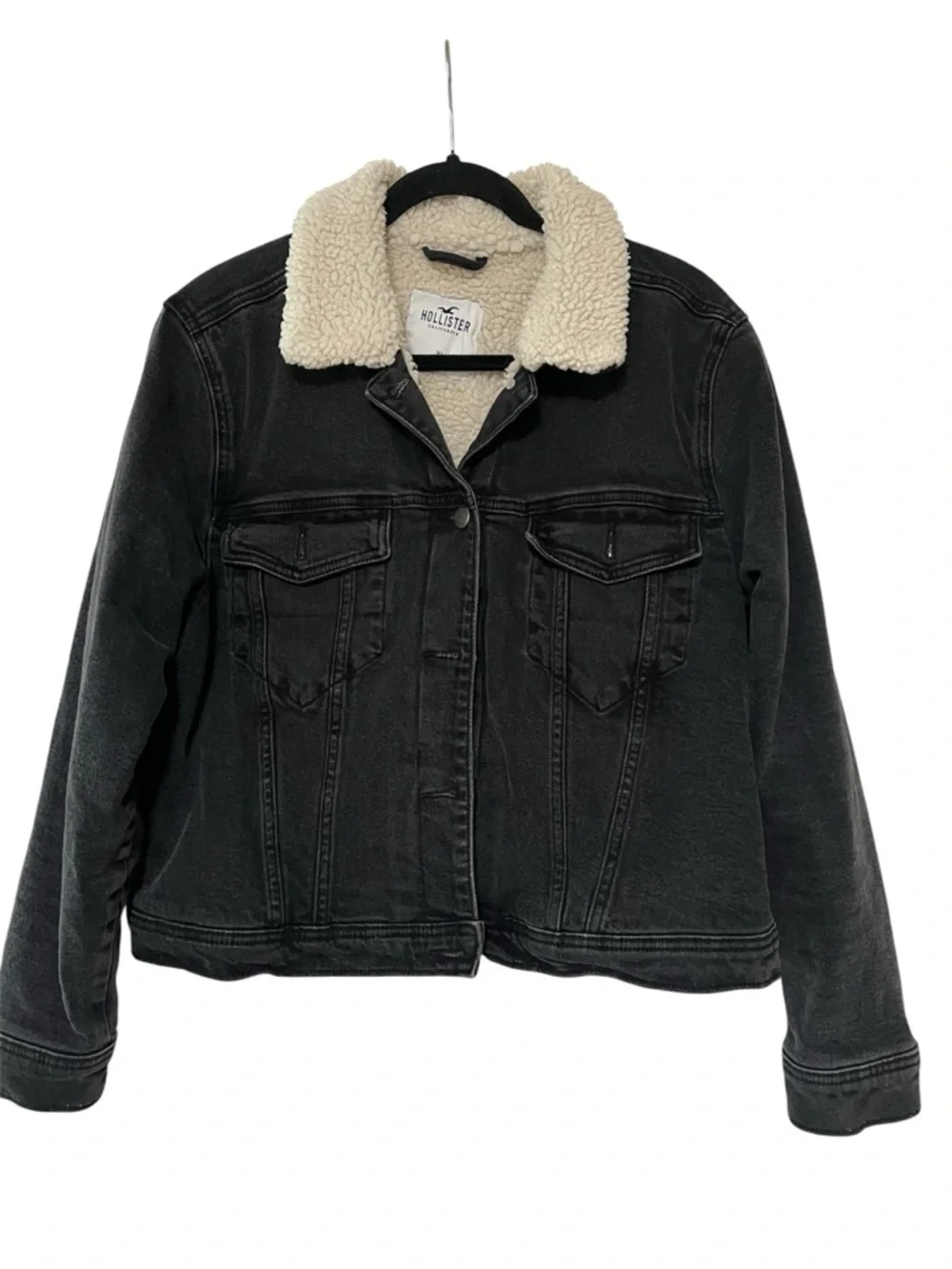 Hollister Black Denim Jacket with White Sherpa Collar - Picture 2 of 4